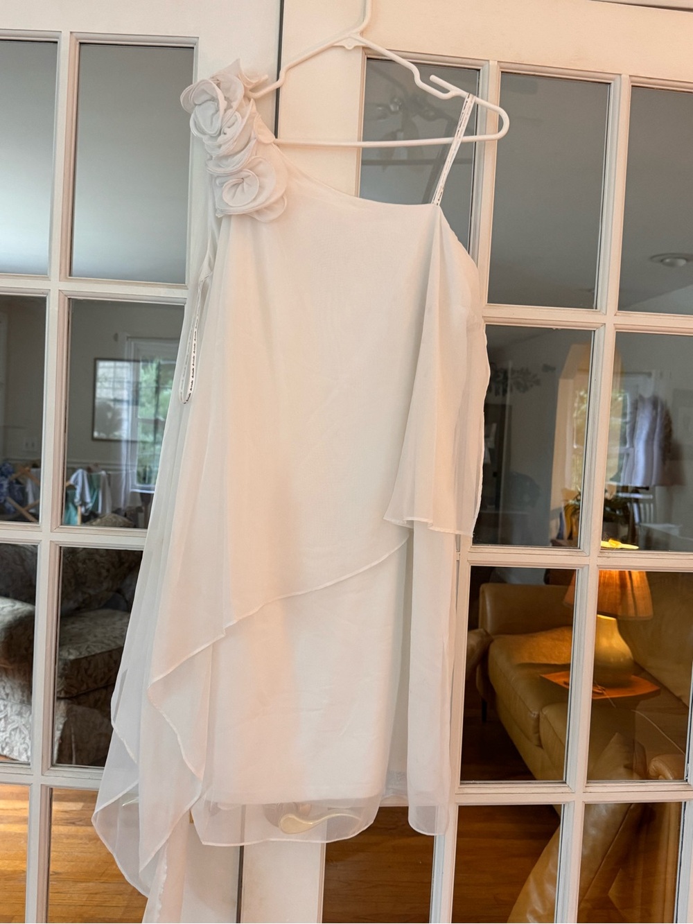 David's Bridal White One-Shoulder Chiffon Dress with Rosette Detail